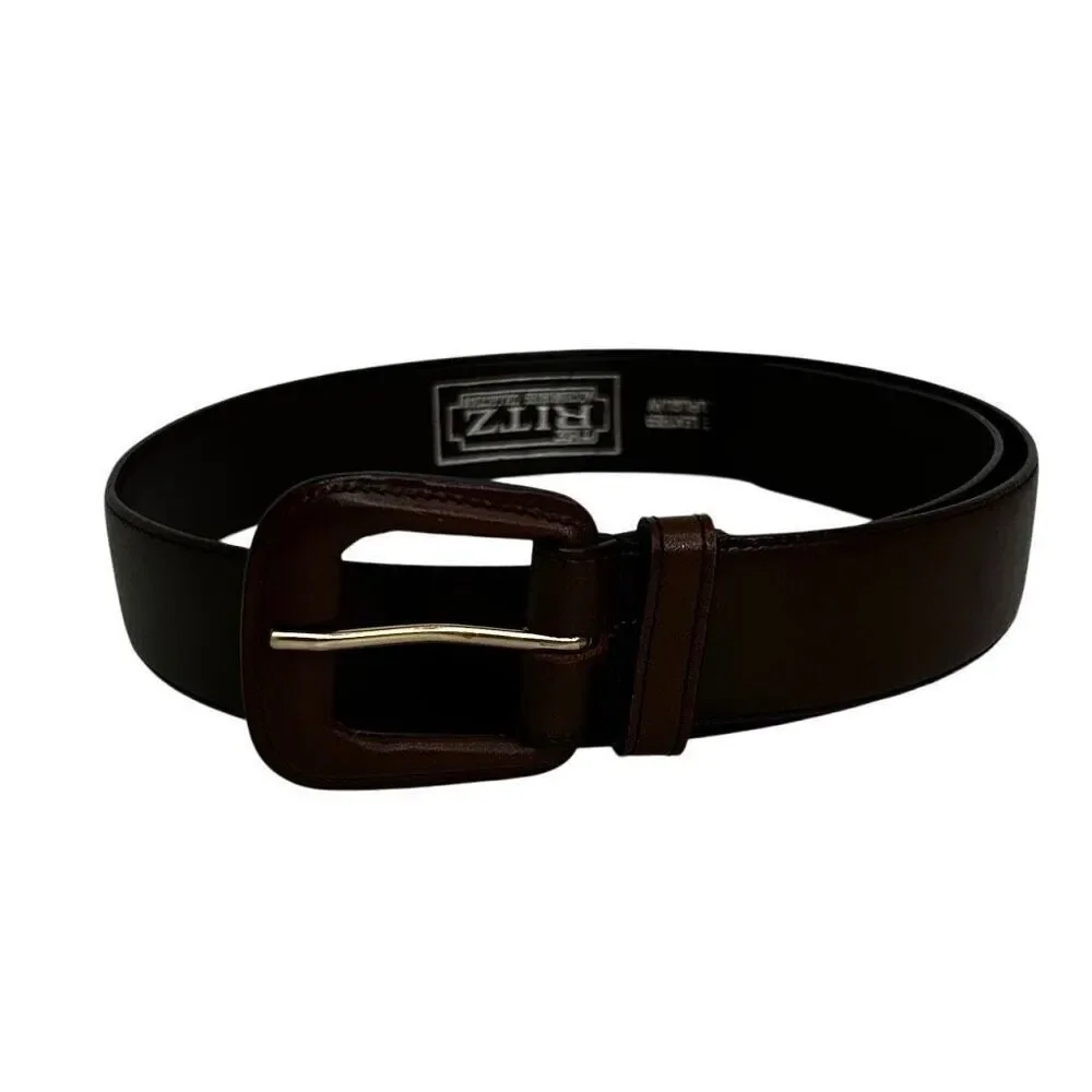 Vintage Ritz Belt Womens Large Dark Brown Genuine Leather Wide Waist Buckle